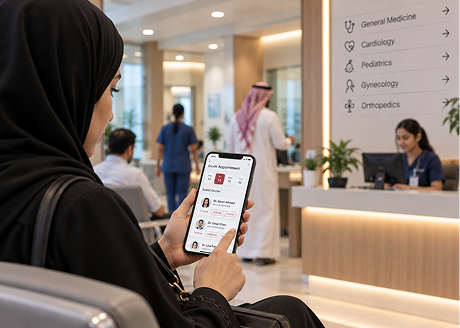 Patient using a smartphone to book a healthcare appointment