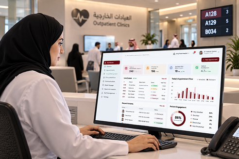 Healthcare professional reviewing a digital hospital operations dashboard