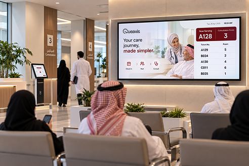 Hospital digital signage showing queue information and patient guidance
