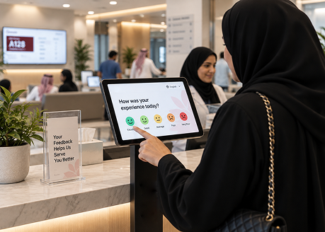 Patient submitting healthcare service feedback using a digital touchscreen
