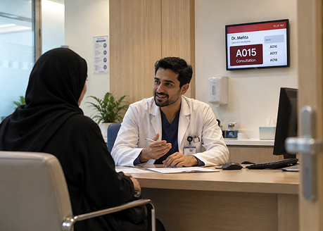 Doctor consulting with a patient beside a digital consultation room display