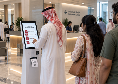 Visitor using a self-service kiosk to check in at a Saudi hospital